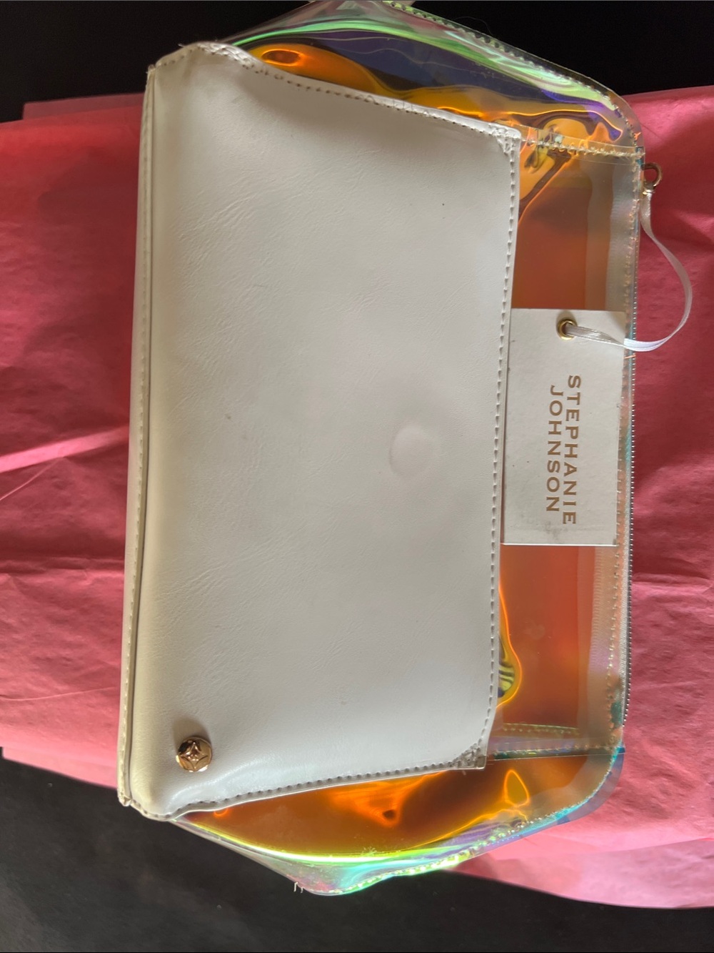 Stephanie Johnson White Holographic Clear Wristlet Clutch